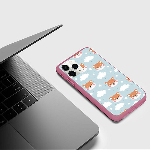Чехол iPhone 11 Pro матовый Узор сибу ину и облака / 3D-Малиновый – фото 3