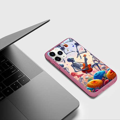 Чехол iPhone 11 Pro матовый Соло скелета на гитаре - сюрреализм / 3D-Малиновый – фото 3
