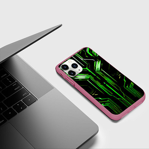 Чехол iPhone 11 Pro матовый Green stripes on a black background / 3D-Малиновый – фото 3