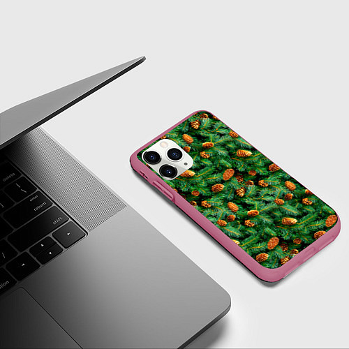 Чехол iPhone 11 Pro матовый Ёлка зелёная с шишками / 3D-Малиновый – фото 3