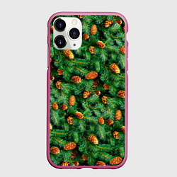 Чехол iPhone 11 Pro матовый Ёлка зелёная с шишками, цвет: 3D-малиновый