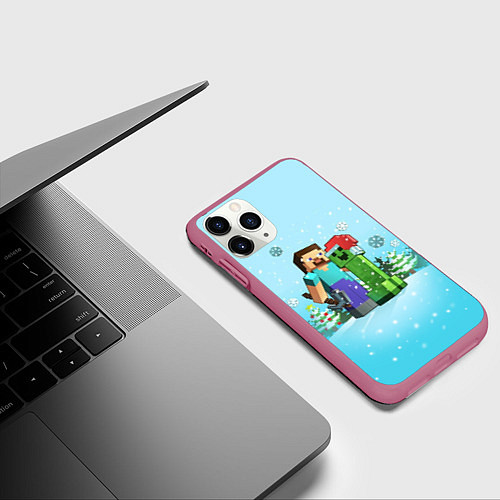 Чехол iPhone 11 Pro матовый Minecraft - New Year / 3D-Малиновый – фото 3