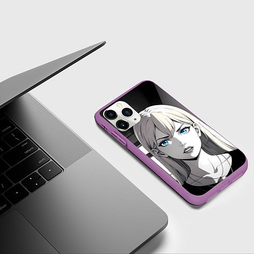 Чехол iPhone 11 Pro матовый Нейросеть - аниме блондинка / 3D-Фиолетовый – фото 3