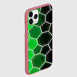 Чехол iPhone 11 Pro матовый Белые шестиугольники на чёрно-зелёном фоне, цвет: 3D-малиновый — фото 2