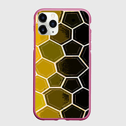Чехол iPhone 11 Pro матовый Белые шестиугольники на чёрно-жёлтом фоне, цвет: 3D-малиновый