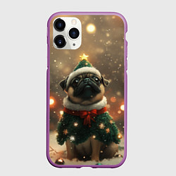 Чехол iPhone 11 Pro матовый Мопс в костюме елки, цвет: 3D-фиолетовый