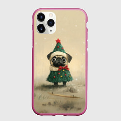 Чехол iPhone 11 Pro матовый Щенок мопс - елочка, цвет: 3D-малиновый