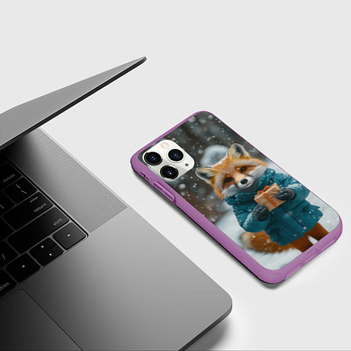 Чехол iPhone 11 Pro матовый Лисица держит подарок / 3D-Фиолетовый – фото 3