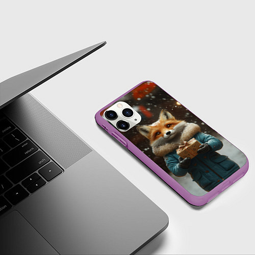 Чехол iPhone 11 Pro матовый Лиса с подарком / 3D-Фиолетовый – фото 3