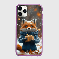 Чехол iPhone 11 Pro матовый Лиса с подарком в лесу, цвет: 3D-фиолетовый