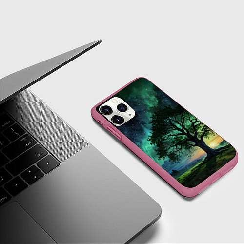 Чехол iPhone 11 Pro матовый Дерево под северным сиянием / 3D-Малиновый – фото 3