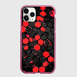 Чехол iPhone 11 Pro матовый Красно-серые шестиугольники на чёрном фоне, цвет: 3D-малиновый
