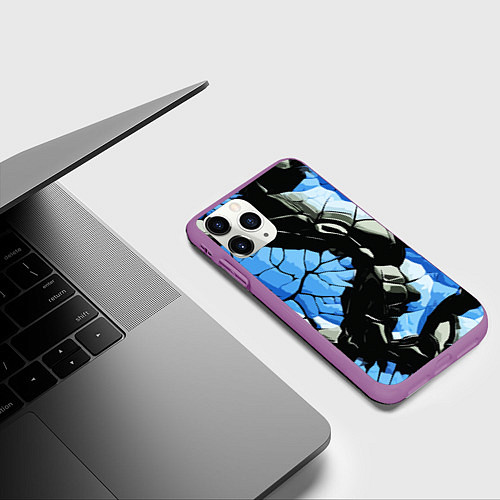 Чехол iPhone 11 Pro матовый Чёрные линии на чёрно-синем фоне / 3D-Фиолетовый – фото 3
