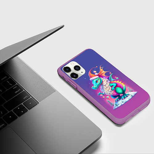 Чехол iPhone 11 Pro матовый Новогодний дракончик - нейроарт / 3D-Фиолетовый – фото 3