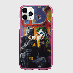 Чехол iPhone 11 Pro матовый Джокер и Бэтмен пьют пиво, цвет: 3D-малиновый