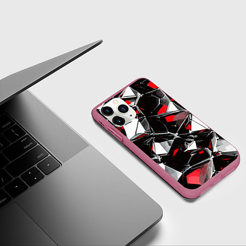 Чехол iPhone 11 Pro матовый Красно-белый паттерн на чёрном фоне / 3D-Малиновый – фото 3
