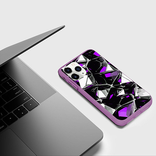 Чехол iPhone 11 Pro матовый Фиолетово-белый паттерн на чёрном фоне / 3D-Фиолетовый – фото 3