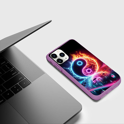Чехол iPhone 11 Pro матовый Инь янь - неоновый космос / 3D-Фиолетовый – фото 3