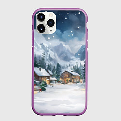 Чехол iPhone 11 Pro матовый Новый год - домики в горах, цвет: 3D-фиолетовый