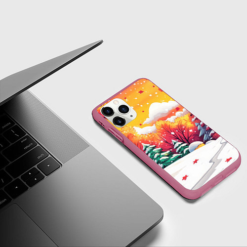 Чехол iPhone 11 Pro матовый Красно-желтые елочки / 3D-Малиновый – фото 3