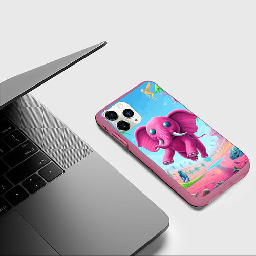 Чехол iPhone 11 Pro матовый Парящий в воздухе розовый слон - сюрреализм / 3D-Малиновый – фото 3