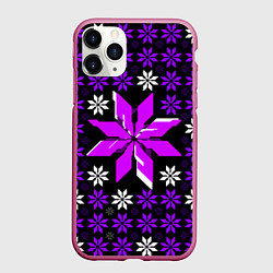 Чехол iPhone 11 Pro матовый Фиолетово-белые звёзды на чёрном фоне, цвет: 3D-малиновый