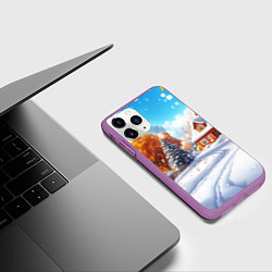 Чехол iPhone 11 Pro матовый Новогодний пейзаж и домики, цвет: 3D-фиолетовый — фото 2