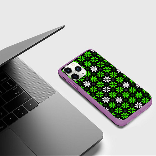 Чехол iPhone 11 Pro матовый Бело-зелёные звёзды на чёрном фоне / 3D-Фиолетовый – фото 3