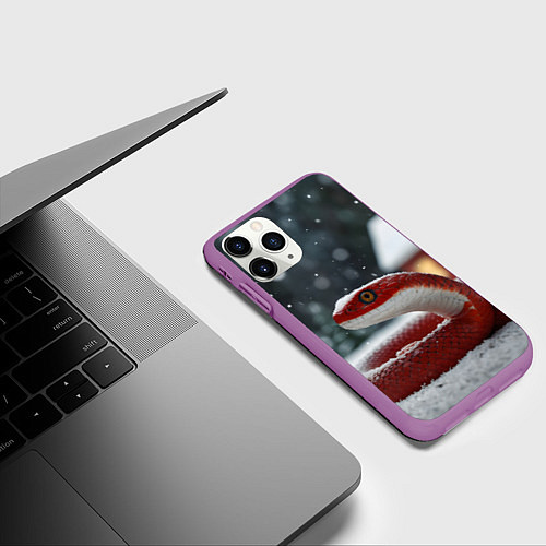 Чехол iPhone 11 Pro матовый Новогодняя красная змея / 3D-Фиолетовый – фото 3