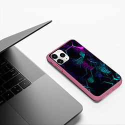 Чехол iPhone 11 Pro матовый Розово-голубые точки и линии на чёрном фоне, цвет: 3D-малиновый — фото 2