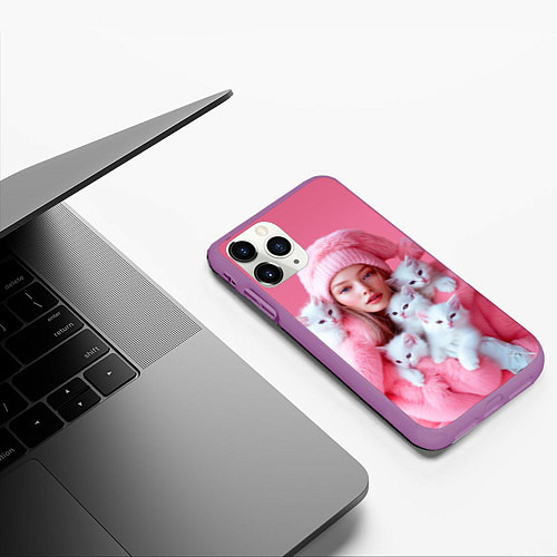 Чехол iPhone 11 Pro матовый Розовая снегурочка с белыми котятами / 3D-Фиолетовый – фото 3