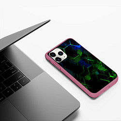 Чехол iPhone 11 Pro матовый Сине-зелёные точки и линии на чёрном фоне, цвет: 3D-малиновый — фото 2