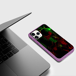 Чехол iPhone 11 Pro матовый Красно-зелёные точки и линии на чёрном фоне, цвет: 3D-фиолетовый — фото 2