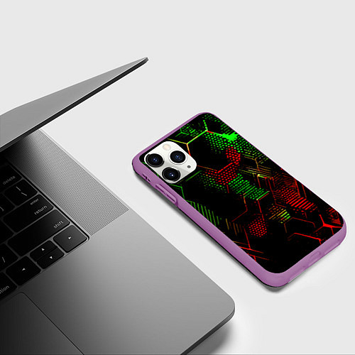Чехол iPhone 11 Pro матовый Красно-зелёные точки и линии на чёрном фоне / 3D-Фиолетовый – фото 3