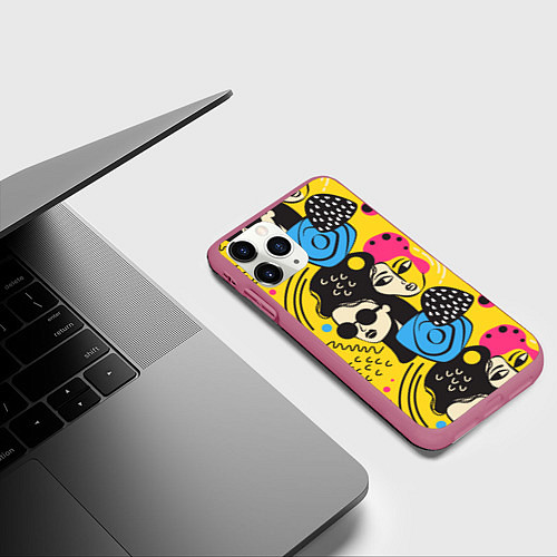 Чехол iPhone 11 Pro матовый Яркий паттерн с лицами девушек / 3D-Малиновый – фото 3