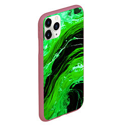 Чехол iPhone 11 Pro матовый Зелёные брызги на чёрном фоне, цвет: 3D-малиновый — фото 2