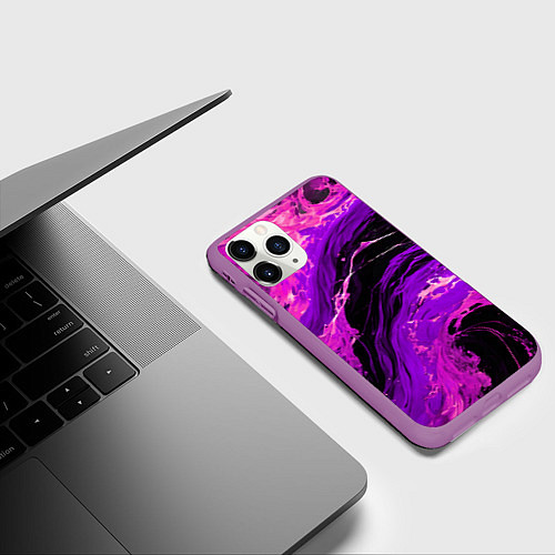 Чехол iPhone 11 Pro матовый Фиолетовые брызги на чёрном фоне / 3D-Фиолетовый – фото 3