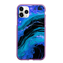 Чехол iPhone 11 Pro матовый Синие брызги на чёрном фоне, цвет: 3D-фиолетовый