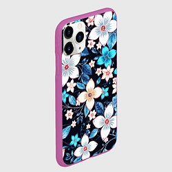 Чехол iPhone 11 Pro матовый Сине-белые цветы на чёрном фоне, цвет: 3D-фиолетовый — фото 2