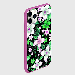 Чехол iPhone 11 Pro матовый Зелёно-белые цветы на чёрном фоне, цвет: 3D-фиолетовый — фото 2