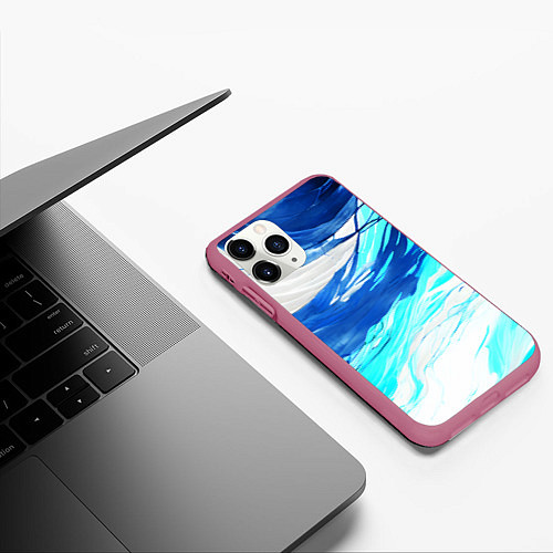 Чехол iPhone 11 Pro матовый Синие волны на белом фоне / 3D-Малиновый – фото 3