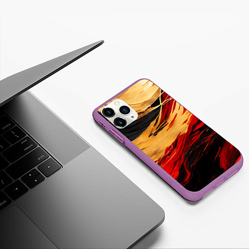 Чехол iPhone 11 Pro матовый Красно-золотые волны на чёрном фоне / 3D-Фиолетовый – фото 3