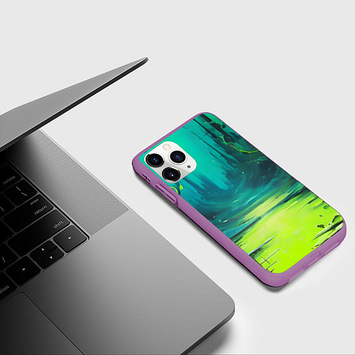Чехол iPhone 11 Pro матовый Зелёная кислотная абстракция / 3D-Фиолетовый – фото 3