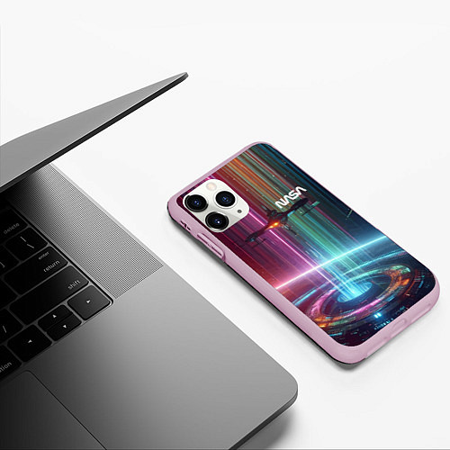 Чехол iPhone 11 Pro матовый Spaceship in the neon cosmos - nasa / 3D-Розовый – фото 3