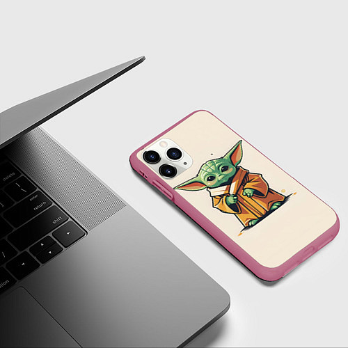 Чехол iPhone 11 Pro матовый Малыш Грогу - Мандолорец / 3D-Малиновый – фото 3