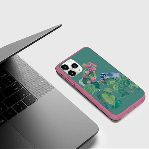 Чехол iPhone 11 Pro матовый Малина и синичка / 3D-Малиновый – фото 3