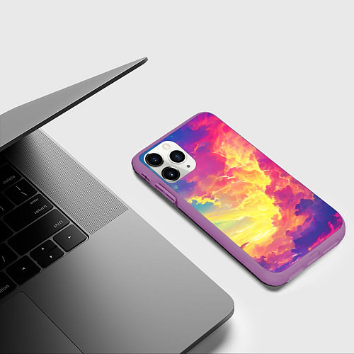 Чехол iPhone 11 Pro матовый Розовые облака на синем небе / 3D-Фиолетовый – фото 3