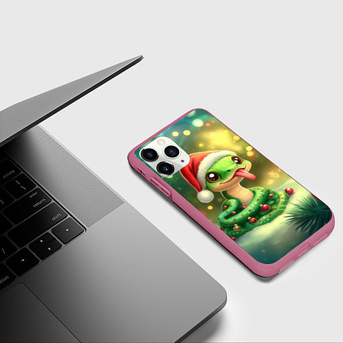 Чехол iPhone 11 Pro матовый Змейка показывает язык / 3D-Малиновый – фото 3