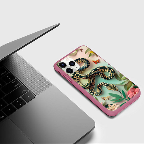 Чехол iPhone 11 Pro матовый Змея и бабочки / 3D-Малиновый – фото 3