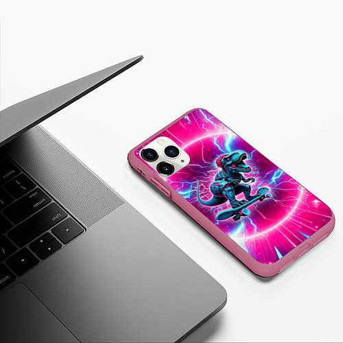 Чехол iPhone 11 Pro матовый Cyber tyrannosaurus is a cool skateboarder / 3D-Малиновый – фото 3